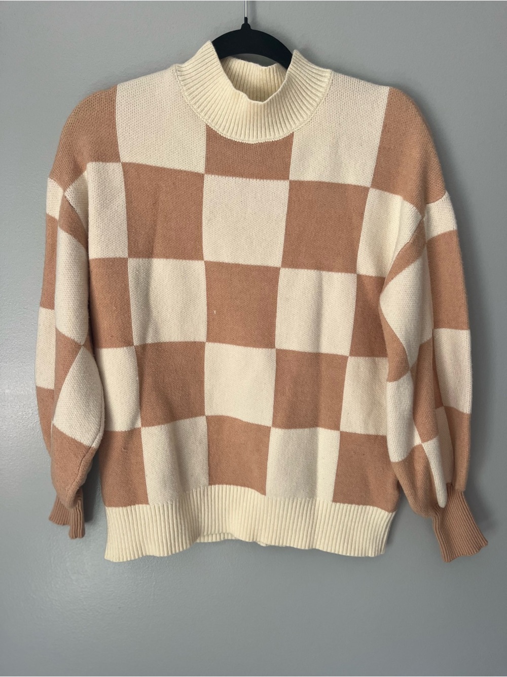 ZESICA Buffalo Plaid Mock Neck Knit Sweater Beige Cream Women’s M
